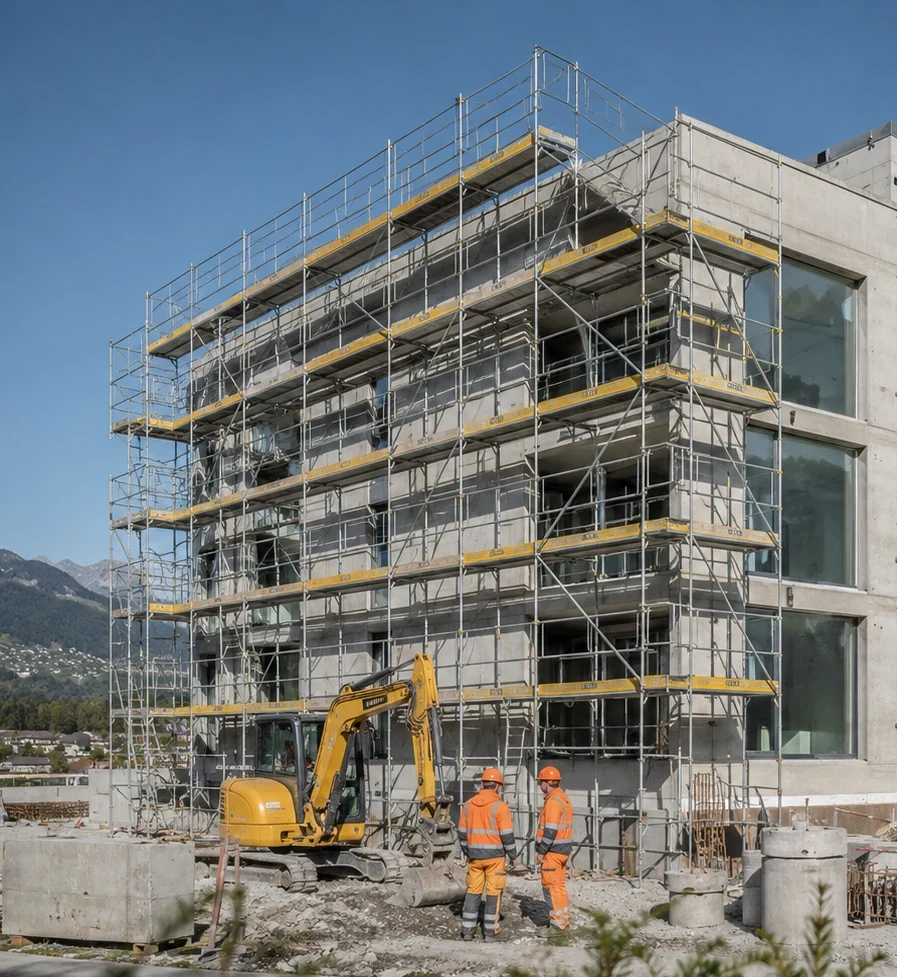 Gerüst und Betonarbeiten an einem Gewerbebau