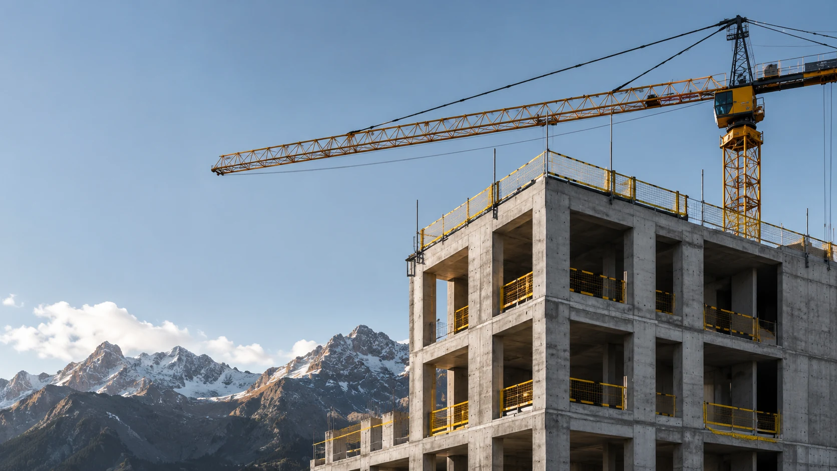 Rohbau mit Kran vor einer Bergkulisse