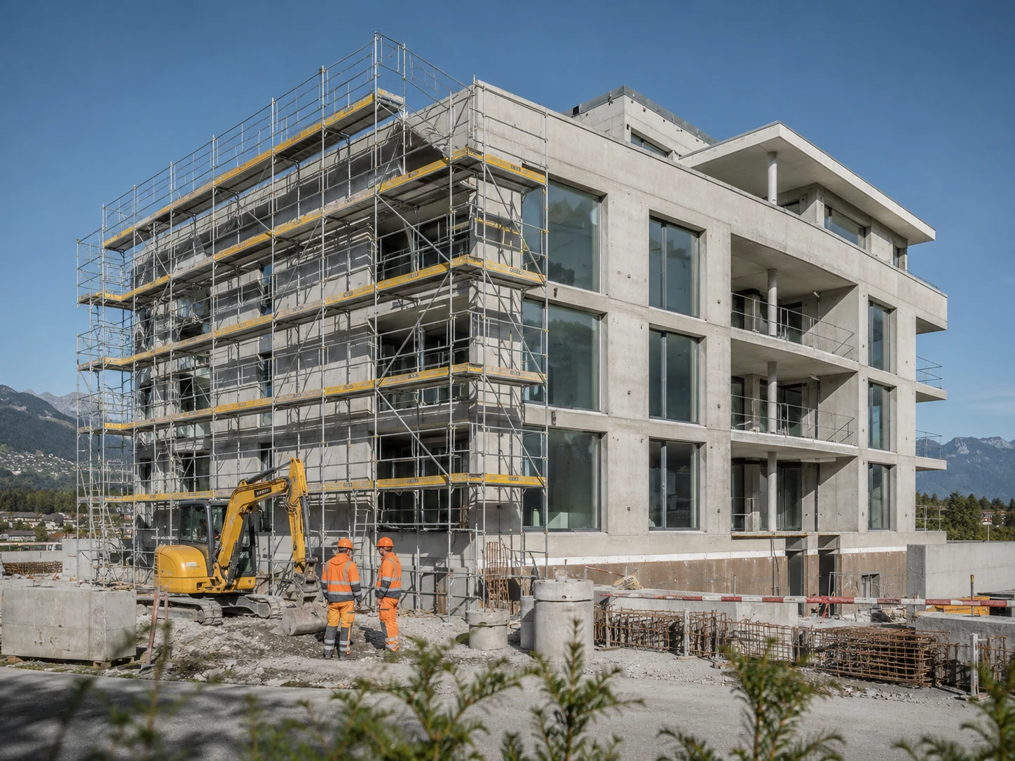 Baustelle mit Gerüst, Bagger und Facharbeitern